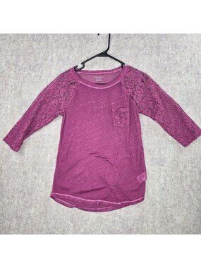 Xhilaration Womens Lace Sleeve Top Magenta XL Cotton Blend Relaxed Fit